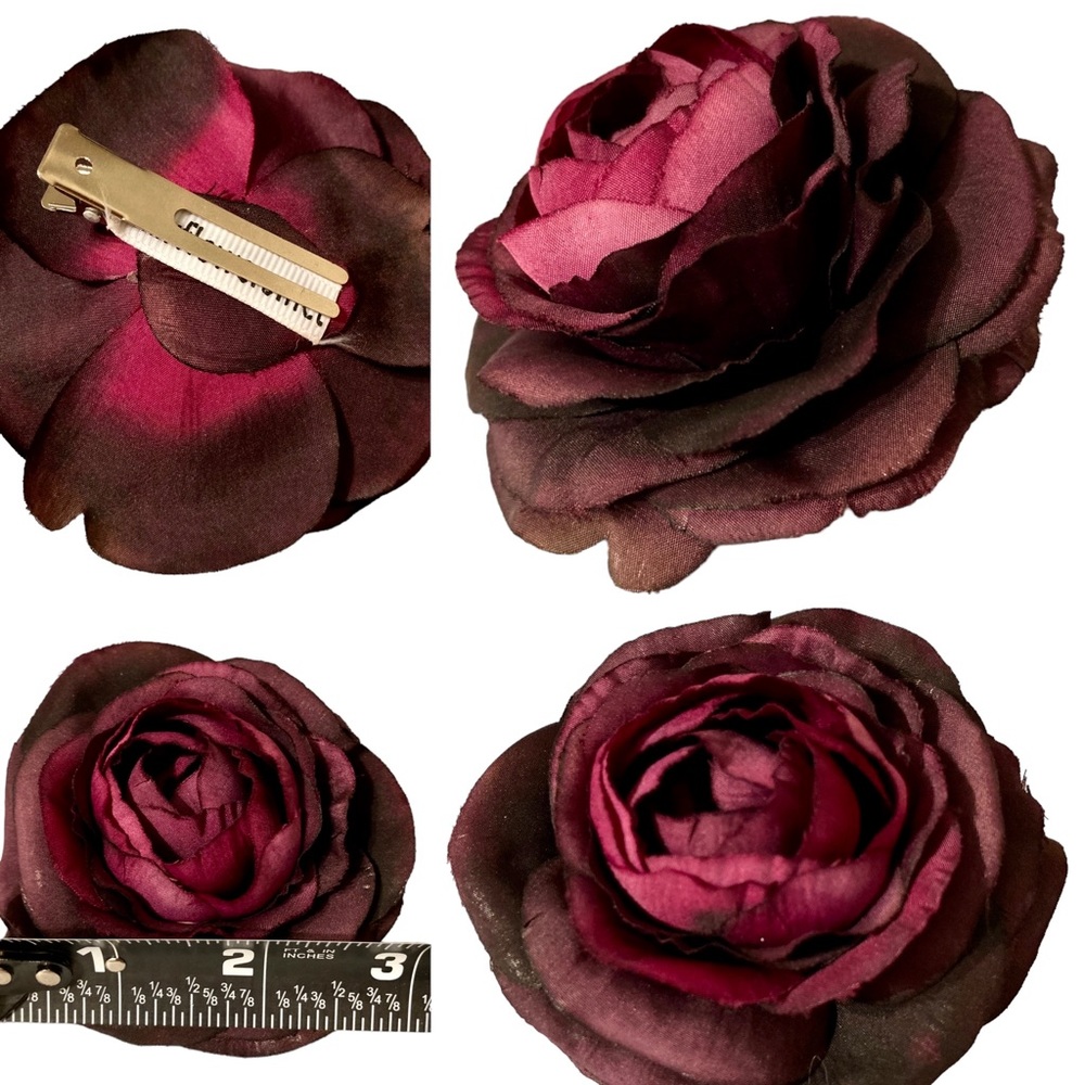 3” Hair Flower Clip Peony Purple Fuchsia Black Pinup Rockabilly Psychobilly
